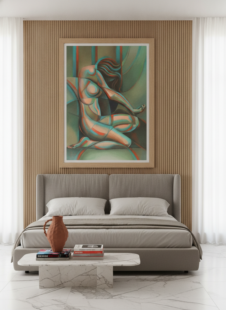 Oversized statement modern wall art print styled on the wall in a luxe bedroom