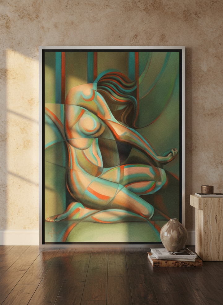 Oversized statement canvas wall art with a silver leaf surround leaning against the wall in a luxe living room