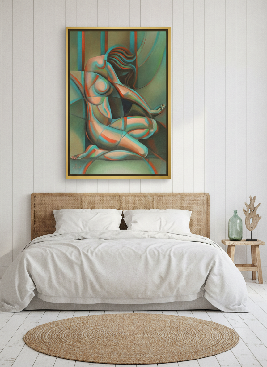 Canvas wall art with a gold leaf surround styled on the wall in a coastal bedroom
