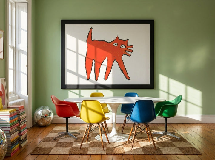 Oversized statement modern wall art print styled on the wall in a colourful eclectic dining room