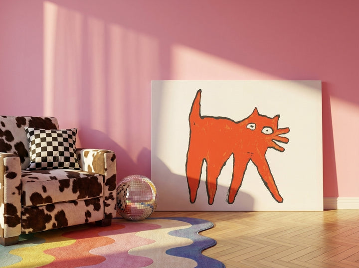 Stretched canvas wall art leaning against the wall in a colourful eclectic living room