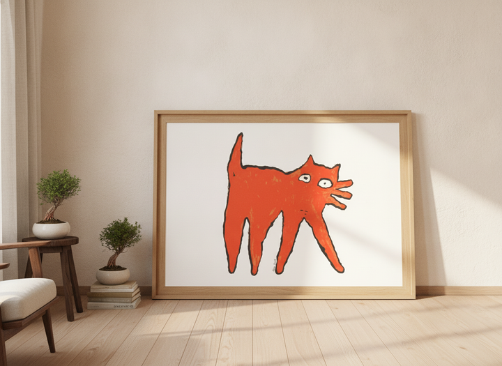 Oversized statement modern wall art print leaning against the wall in a warm Japandi bedroom