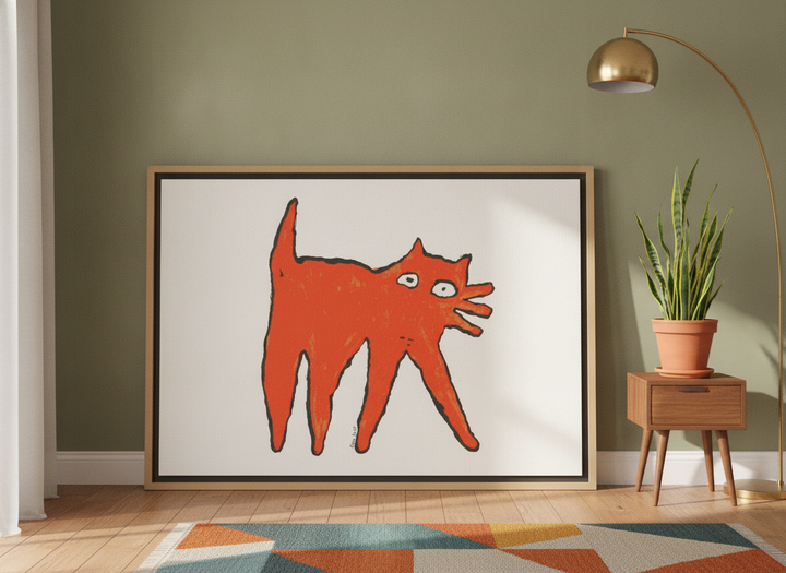 Oversized statement canvas wall art with a natural timber surround leaning against the wall in a mid-century living room