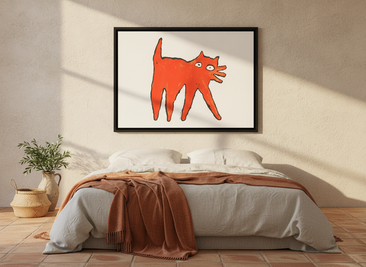 Canvas wall art with a black surround styled on the wall in a Mediterranean bedroom