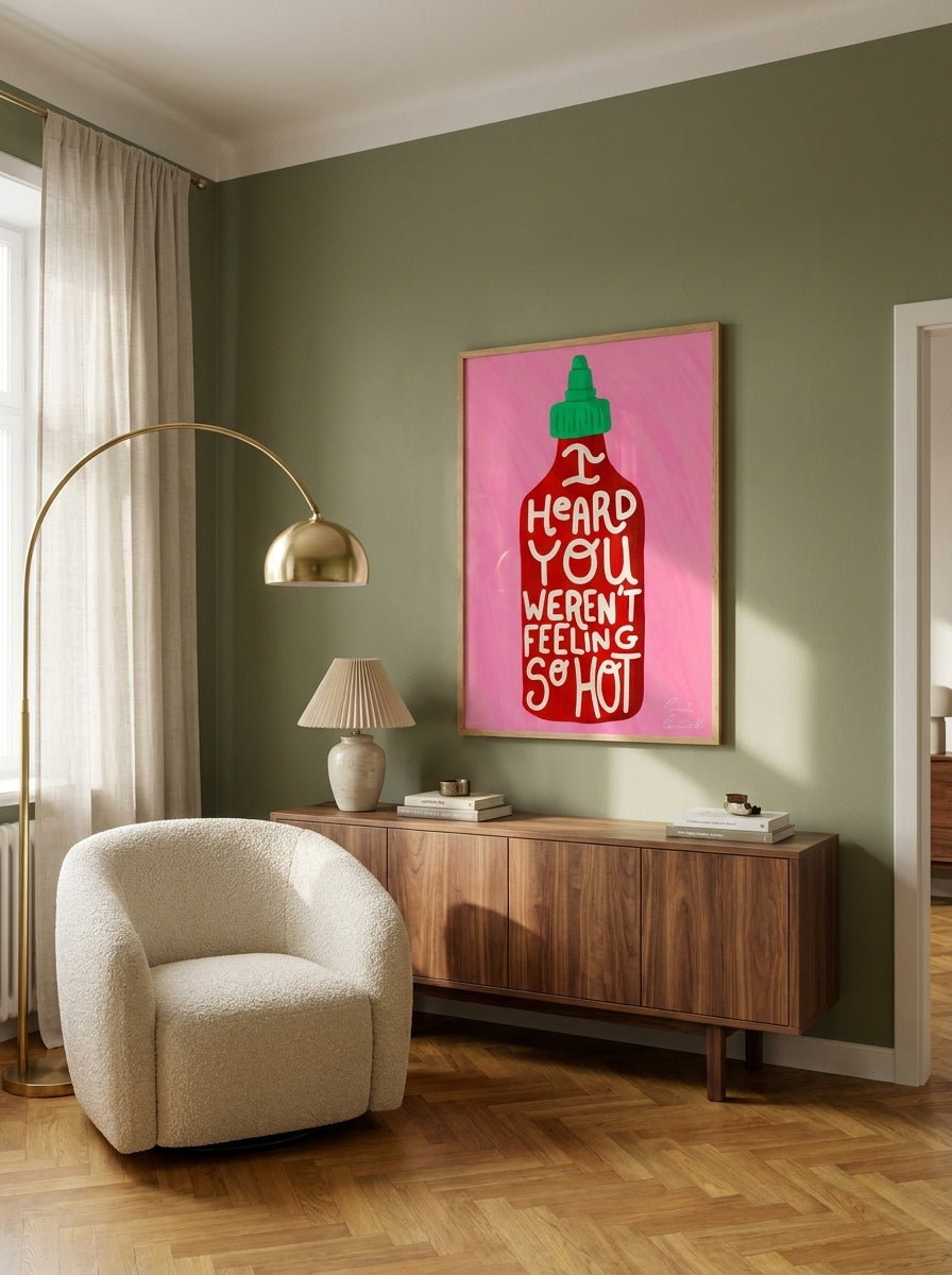 Oversized statement modern wall art print styled on the wall in a mid-century living room