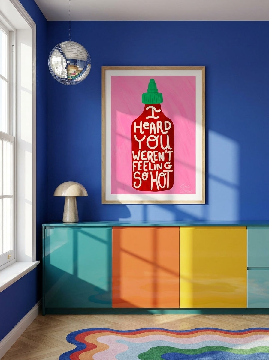 Modern wall art print styled on the wall in a colourful eclectic kitchen