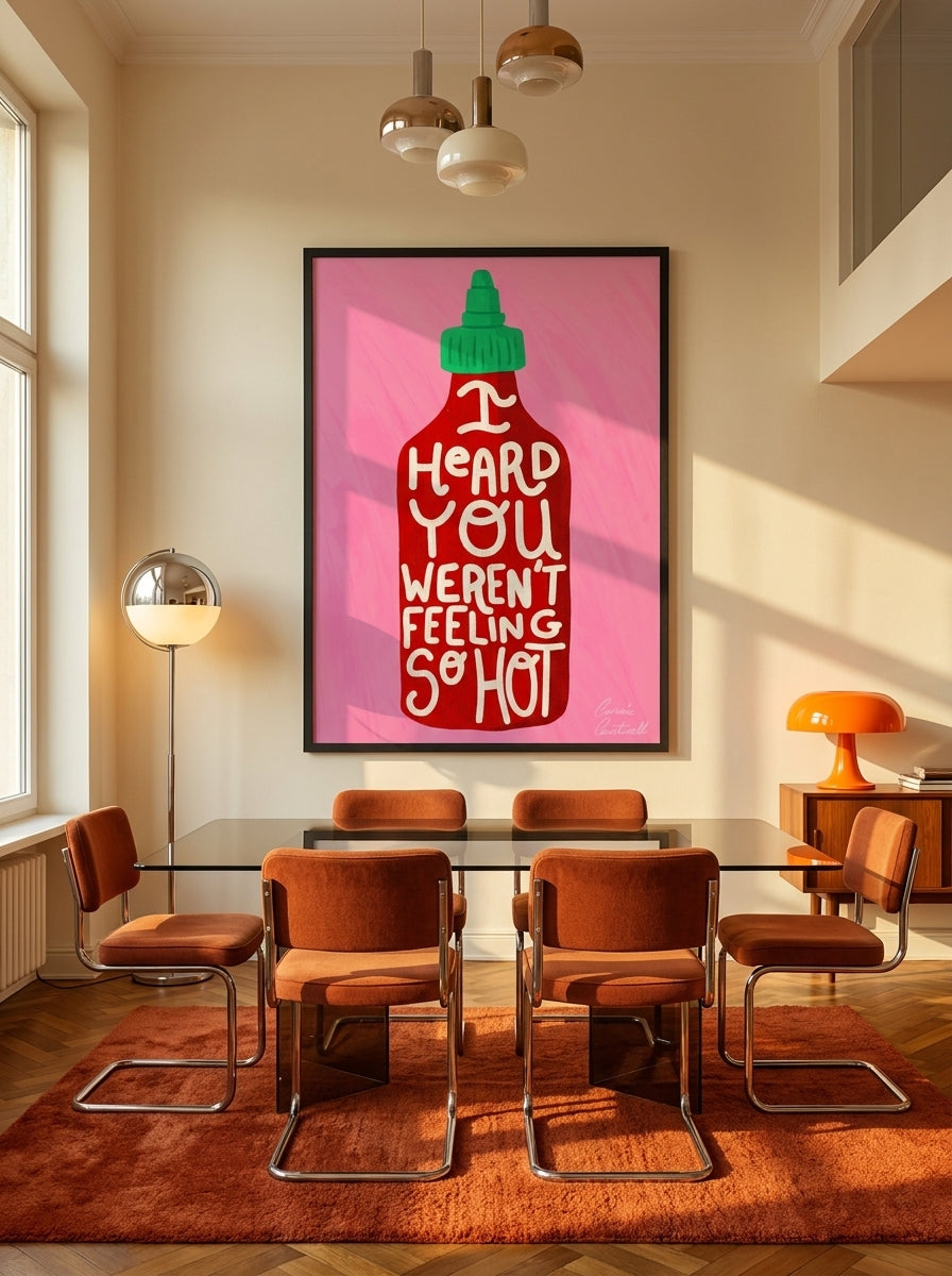 Oversized statement modern wall art print styled on the wall in a retro 70s dining room
