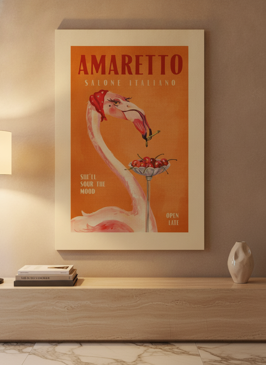 Stretched canvas wall art standing on a console in a luxe living room