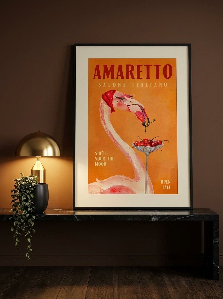 Modern wall art print standing on a kitchen bench in a moody kitchen
