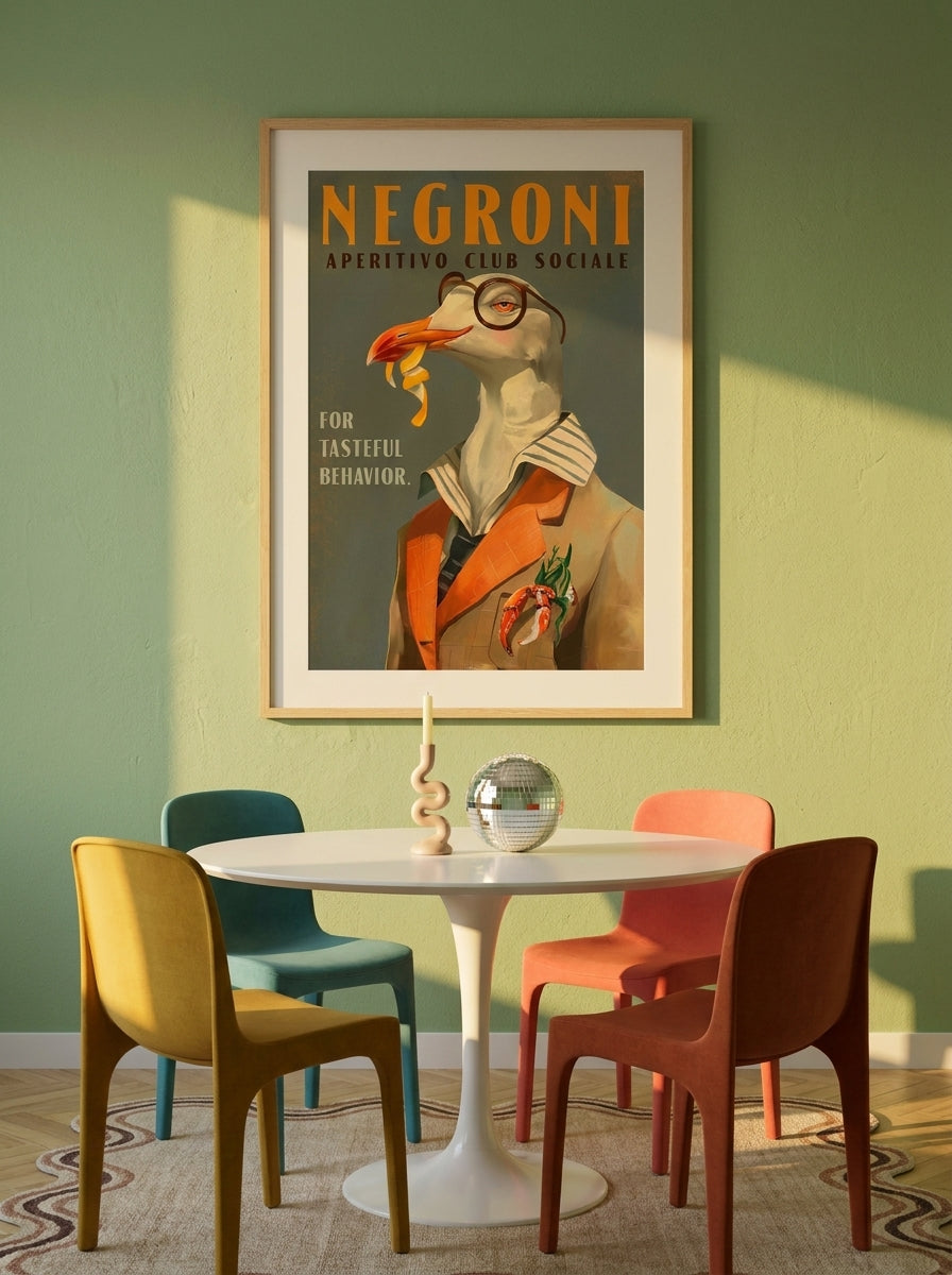 Modern wall art print styled on the wall in a colourful eclectic dining room