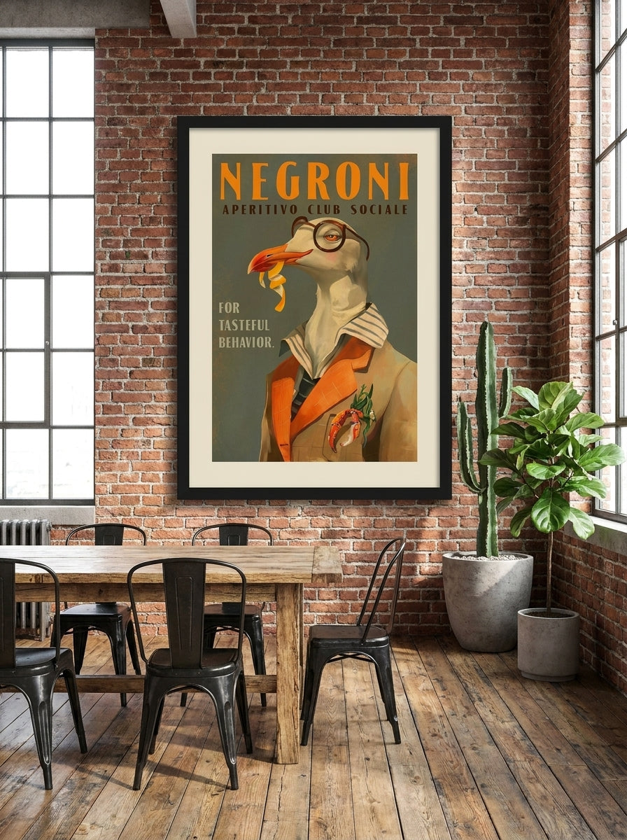 Oversized statement modern wall art print styled on the wall in an industrial loft dining room