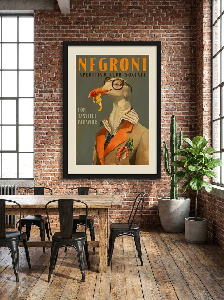 Oversized statement modern wall art print styled on the wall in an industrial loft dining room