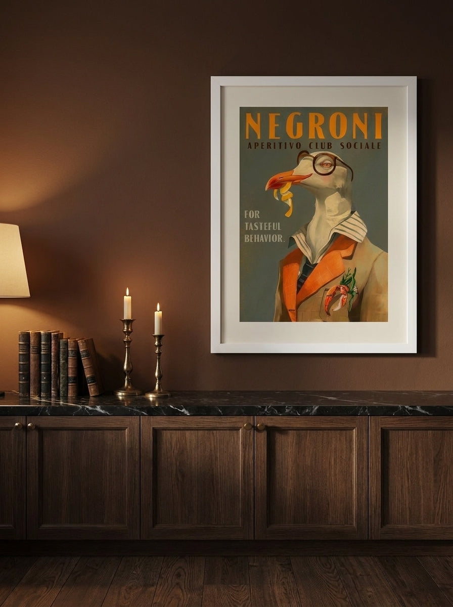 Modern wall art print styled on the wall in a moody kitchen