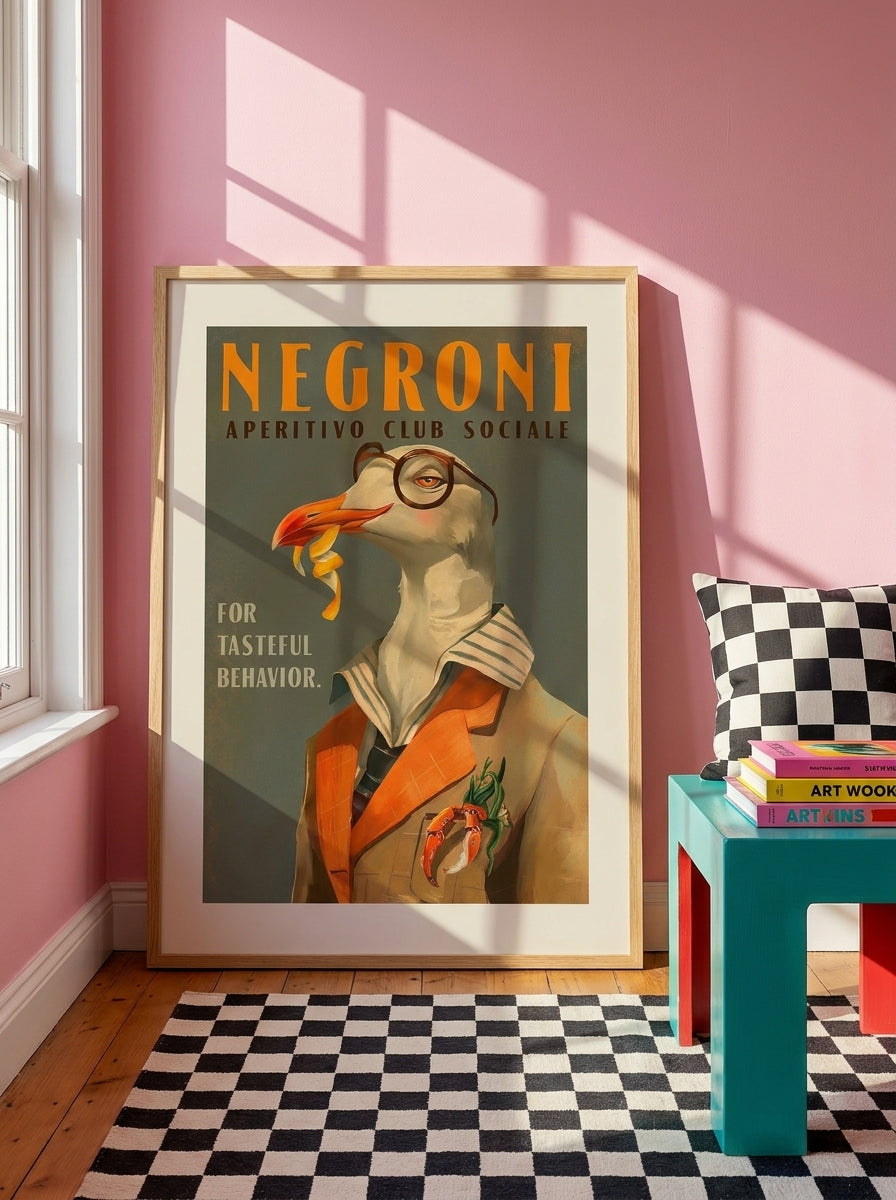 Modern wall art print leaning against the wall in a colourful eclectic bedroom