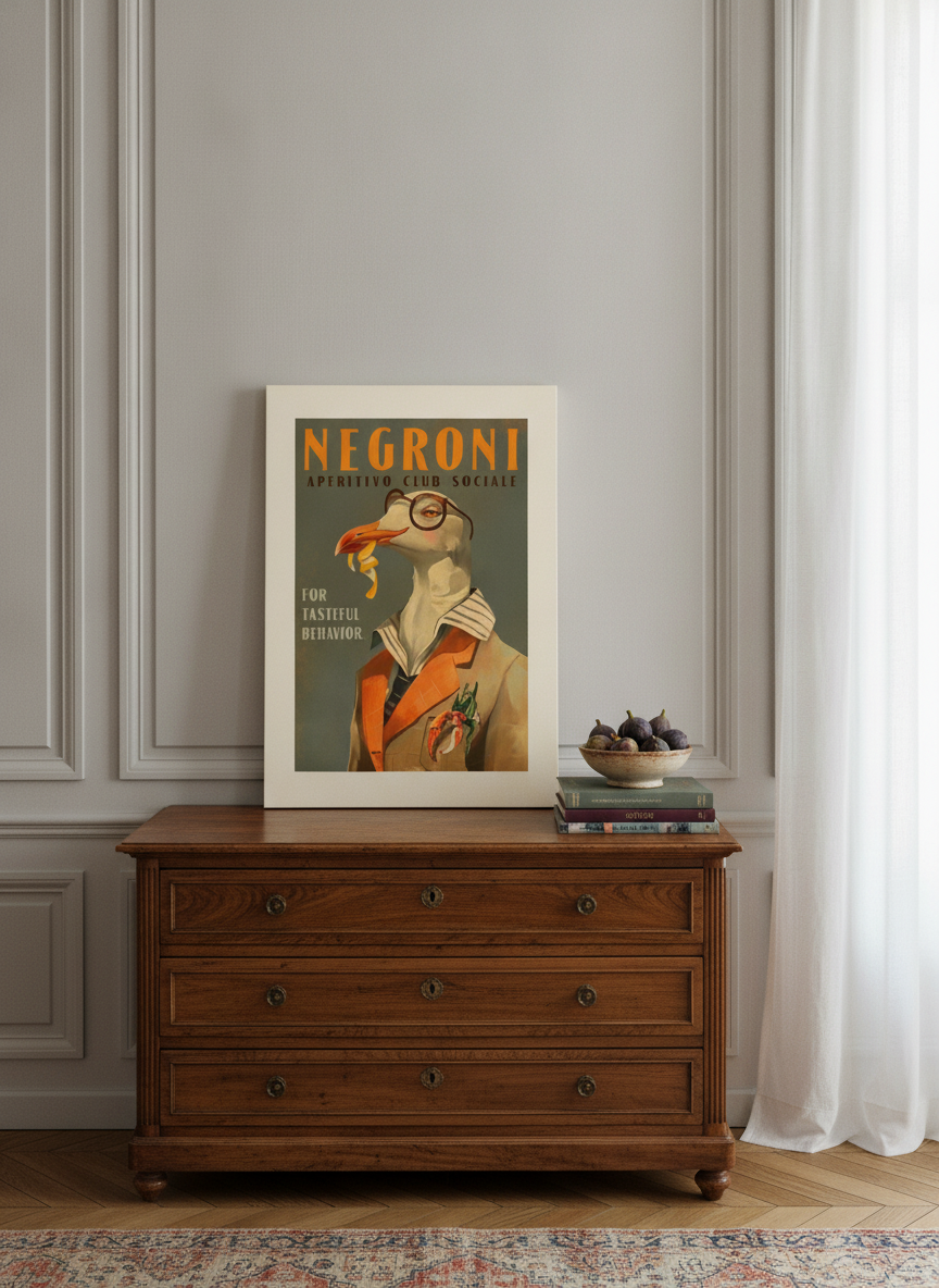 Stretched canvas wall art standing on a sideboard in a Parisian living room