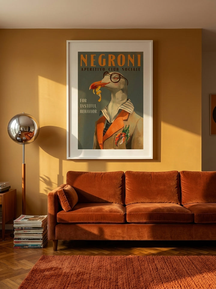 Oversized statement modern wall art print styled on the wall in a retro 70s living room