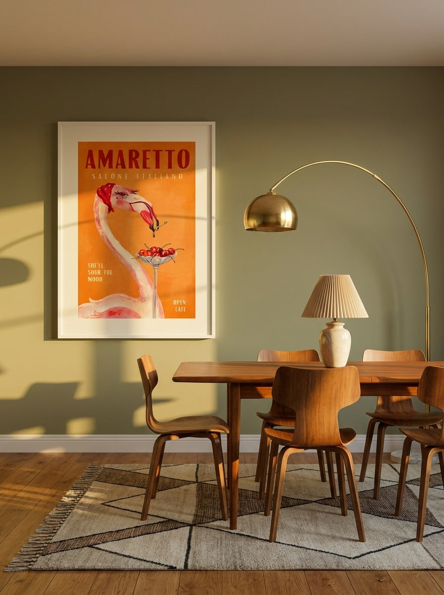 Modern wall art print styled on the wall in a mid-century dining room