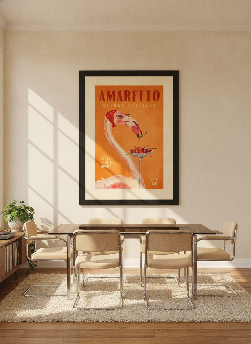 Oversized statement modern wall art print styled on the wall in a retro 70s dining room