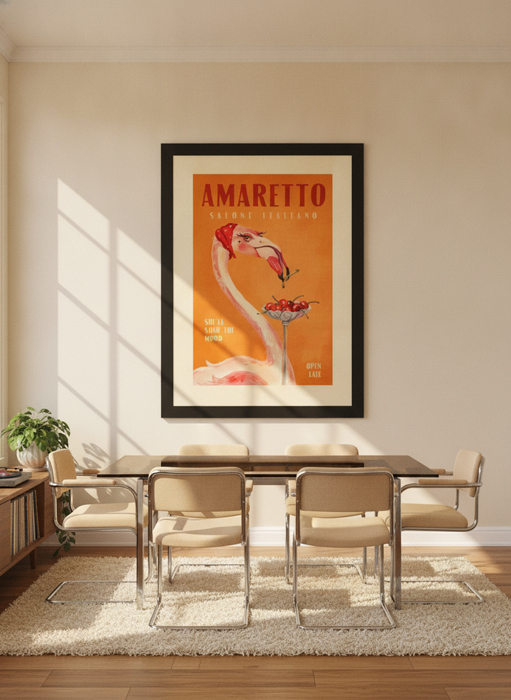 Oversized statement modern wall art print styled on the wall in a retro 70s dining room