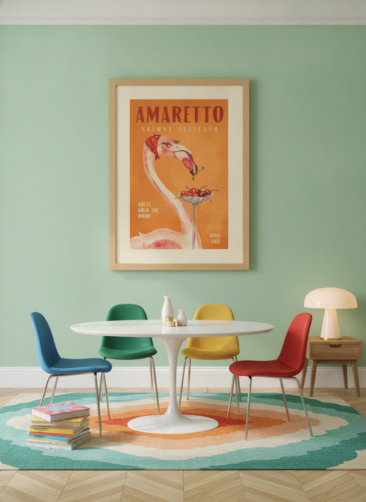 Oversized statement modern wall art print styled on the wall in a colourful eclectic dining room