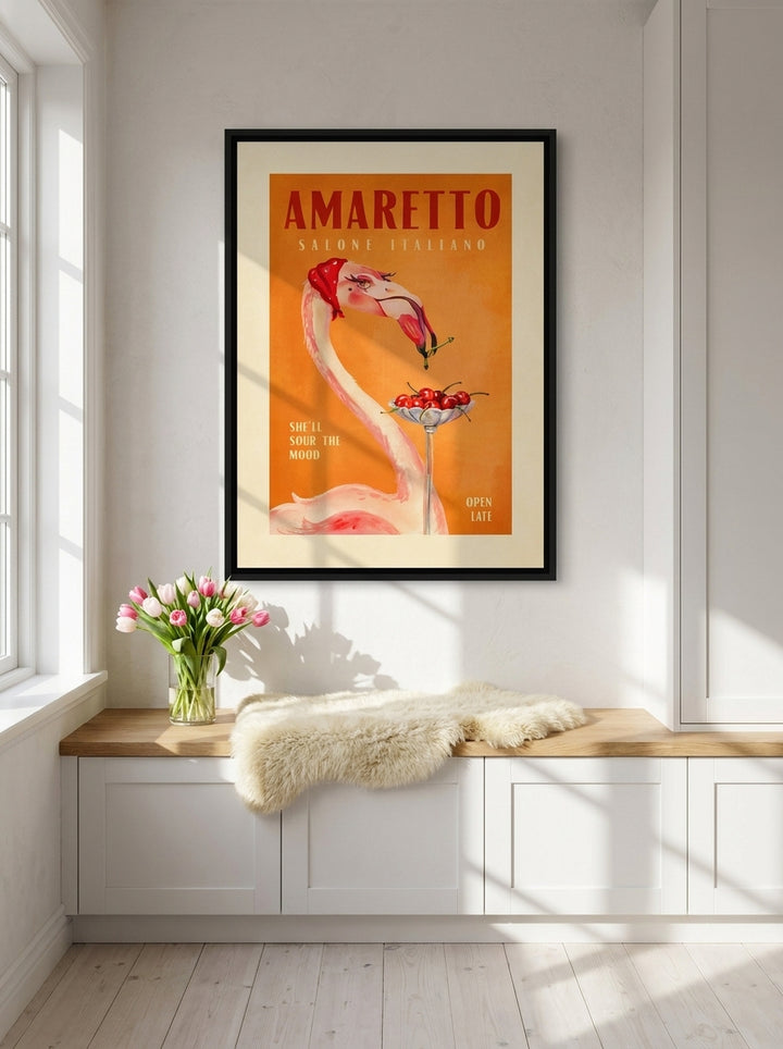 Canvas wall art with a black surround styled on the wall in a bright Scandinavian kitchen