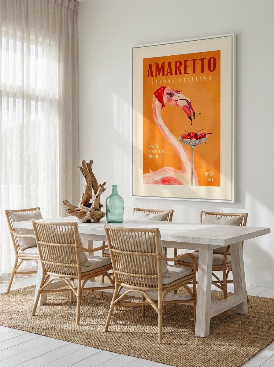 Oversized statement canvas wall art with a white surround styled on the wall in a coastal dining room