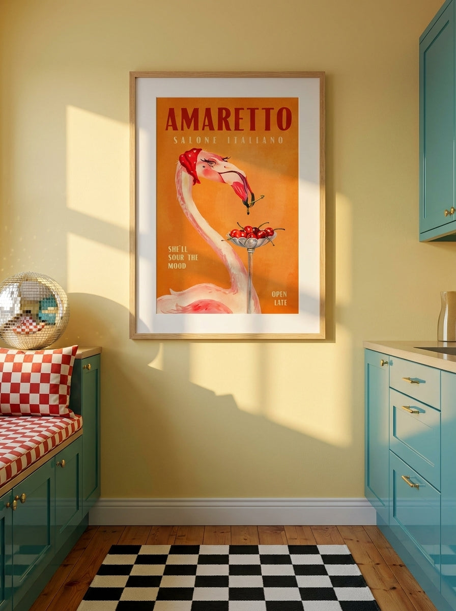 Modern wall art print styled on the wall in a colourful eclectic kitchen