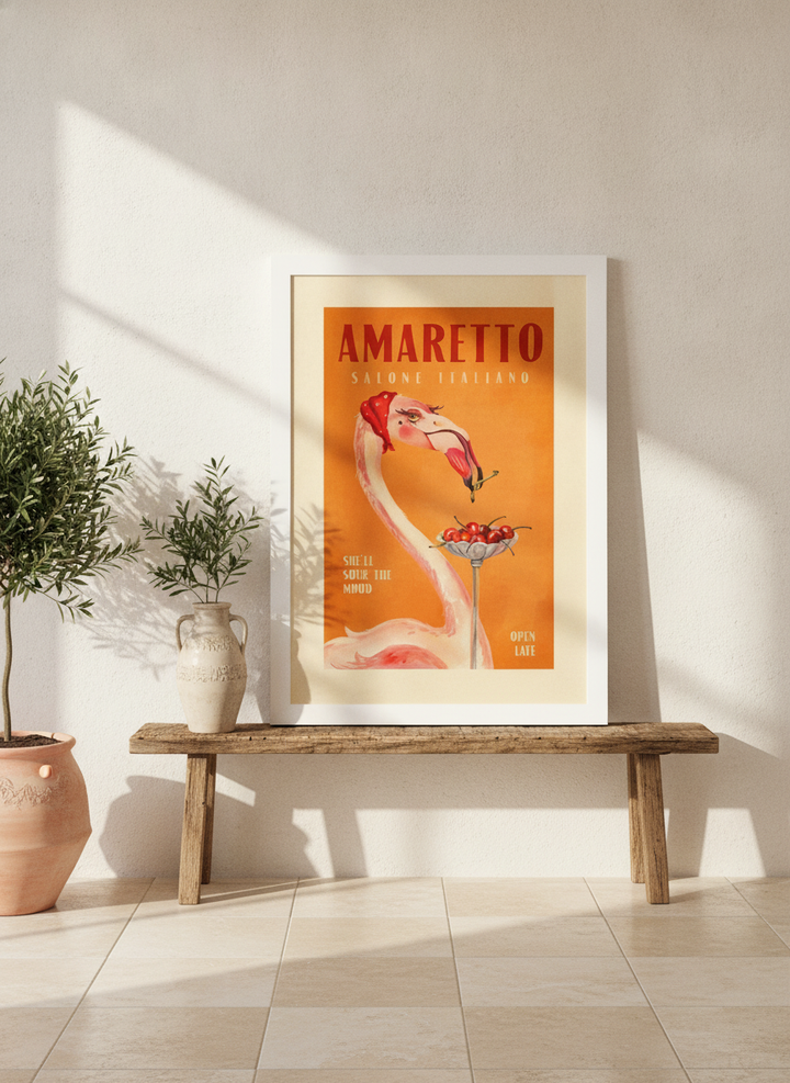 Modern wall art print standing on a bench in a Mediterranean living room