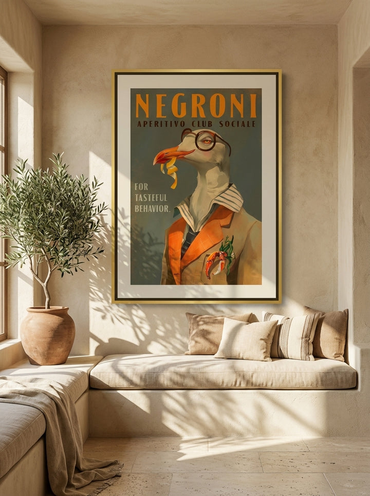 Oversized statement canvas wall art with a gold leaf surround styled on the wall in a Mediterranean living room