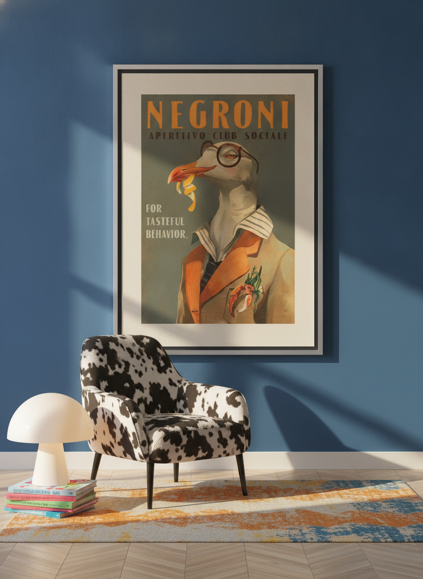 Canvas wall art with a silver leaf surround leaning against the wall in a colourful eclectic dining room