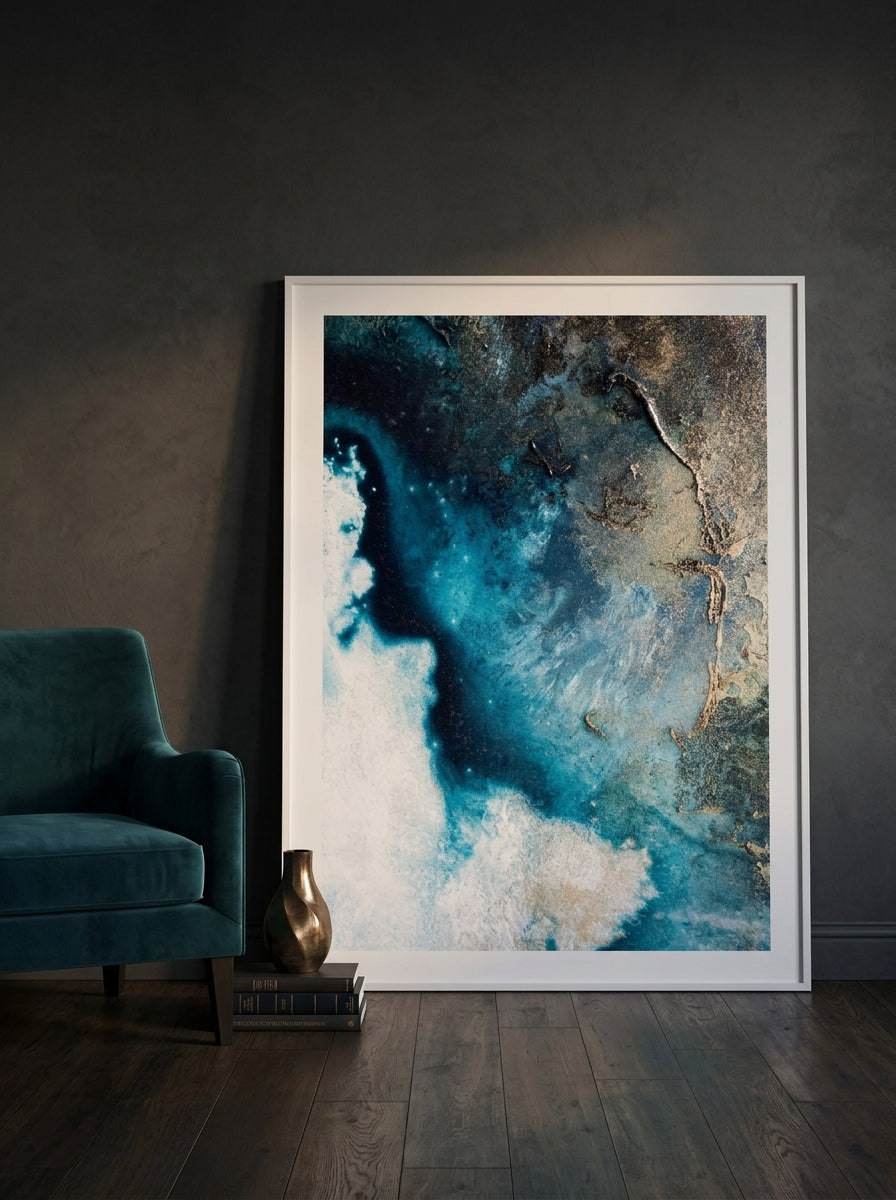 Oversized statement modern wall art print leaning against the wall in a moody living room