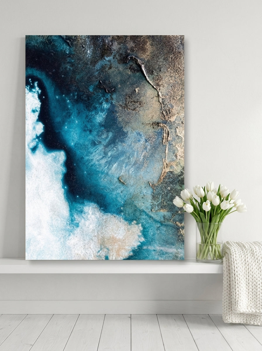 Stretched canvas wall art standing on a shelf in a bright Scandinavian home office