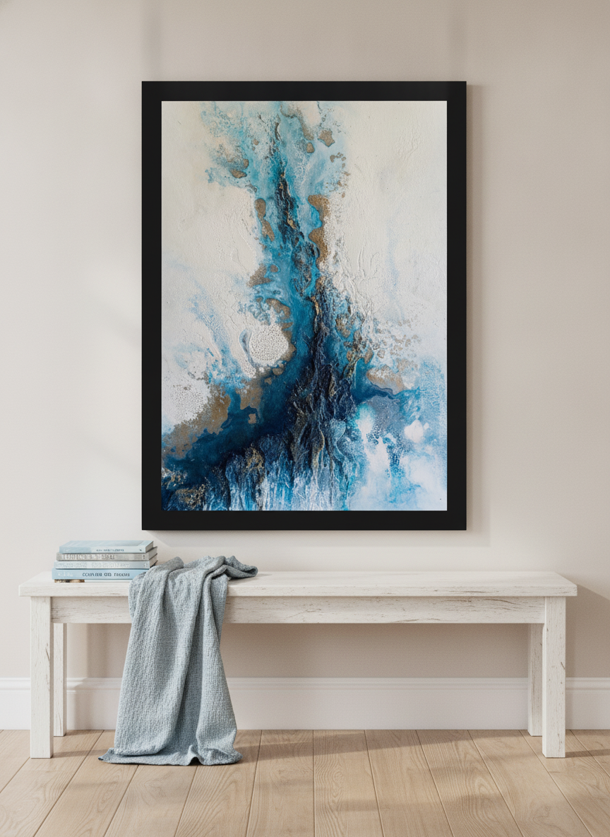 Modern wall art print standing on a console in a coastal bedroom