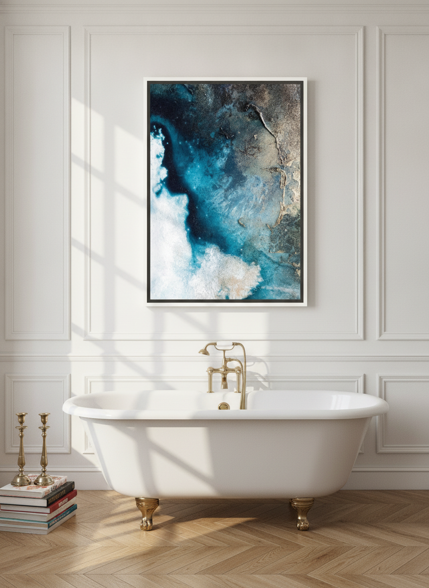 Canvas wall art with a white surround styled on the wall in a Parisian bathroom