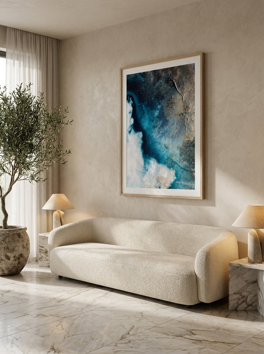 Modern wall art print styled on the wall in a luxe living room
