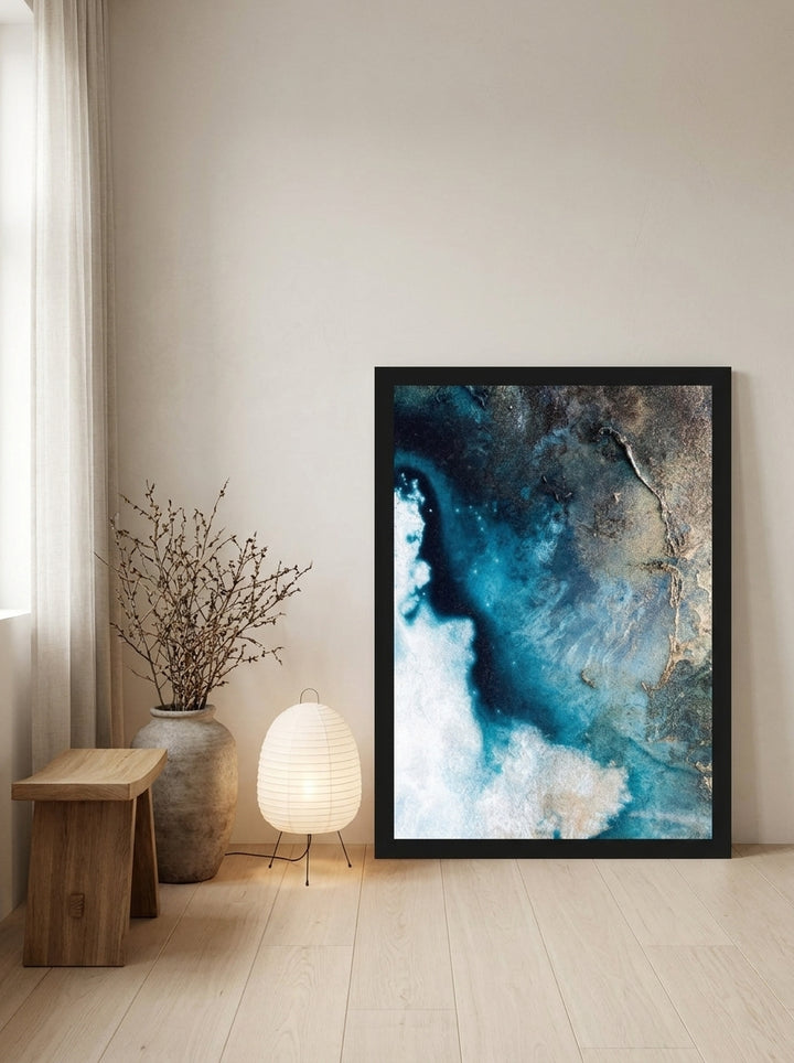 Modern wall art print leaning against the wall in a warm Japandi bathroom