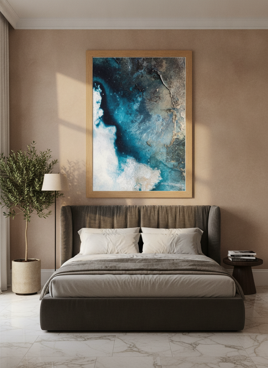Oversized statement modern wall art print styled on the wall in a luxe bedroom
