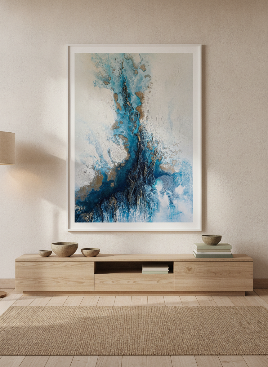 Oversized statement modern wall art print styled on the wall in a warm Japandi living room