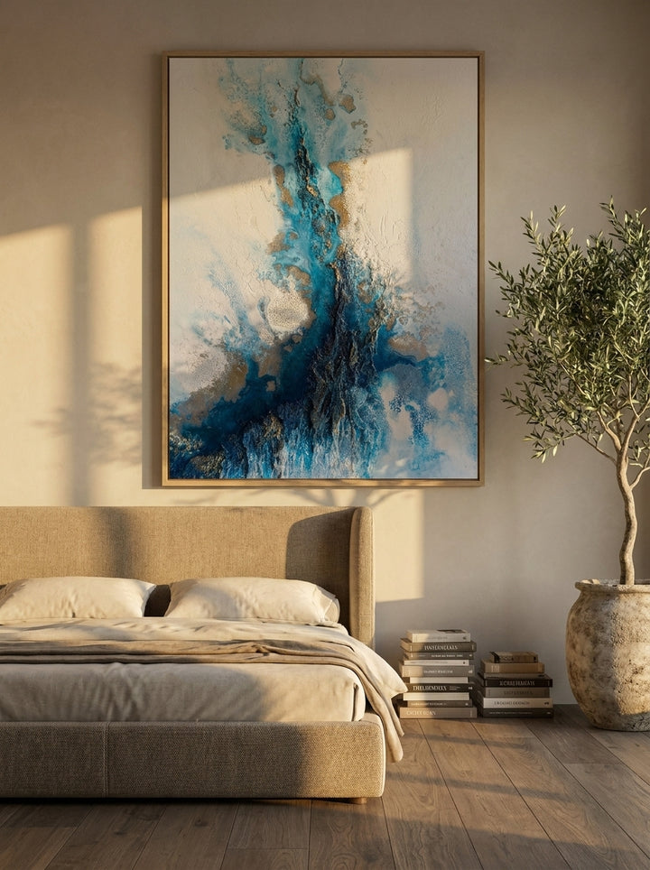 Oversized statement modern wall art print styled on the wall in a luxe bedroom