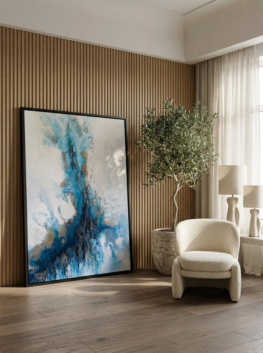 Oversized statement canvas wall art with a black surround leaning against the wall in a luxe living room