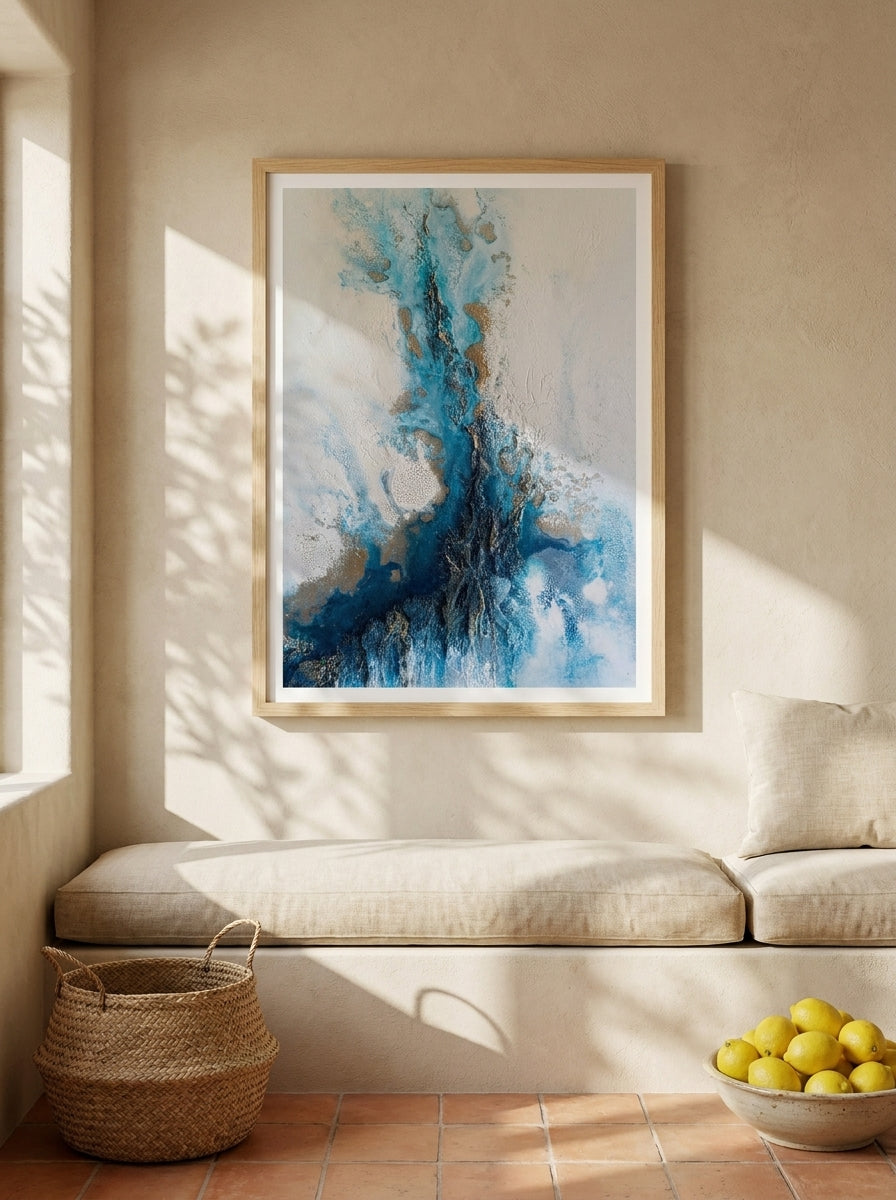 Modern wall art print styled on the wall in a Mediterranean living room