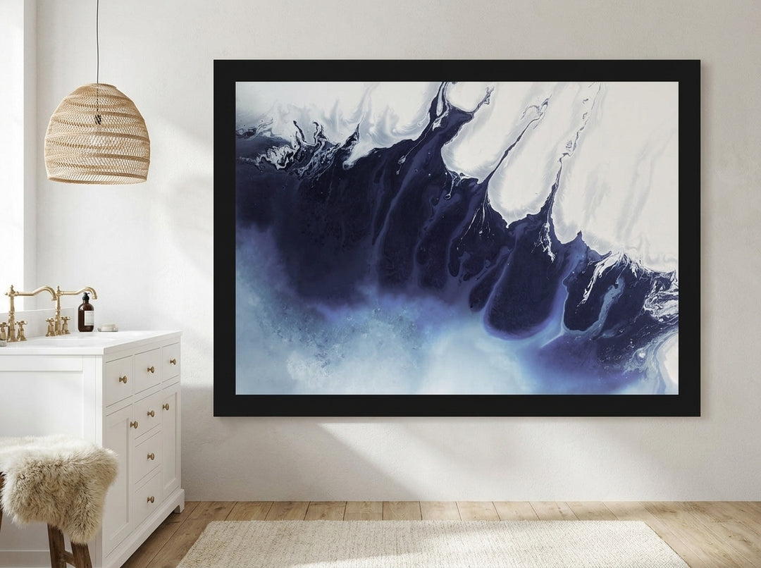 Modern wall art print styled on the wall in a bright Scandinavian bathroom
