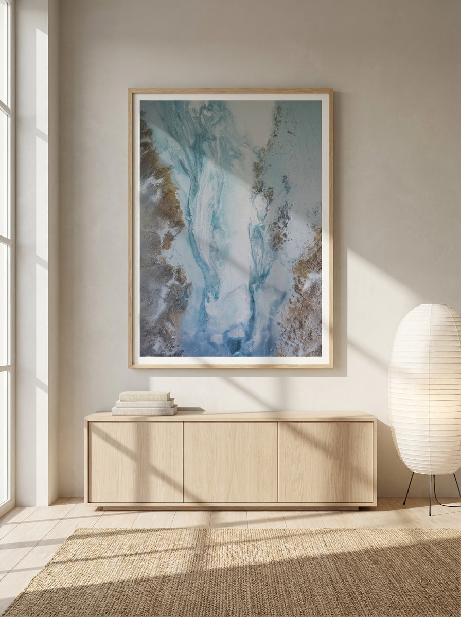 Modern wall art print styled on the wall in a warm Japandi living room