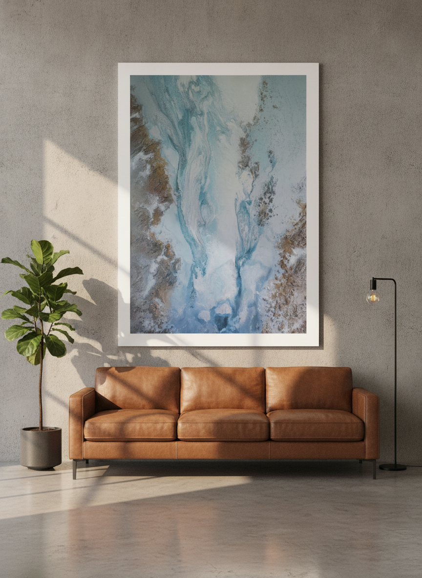 Oversized statement modern wall art print styled on the wall in an industrial loft living room