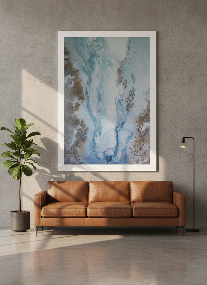 Oversized statement modern wall art print styled on the wall in an industrial loft living room