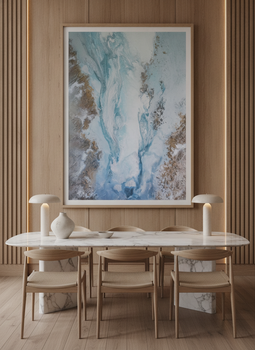 Oversized statement modern wall art print styled on the wall in a luxe dining room