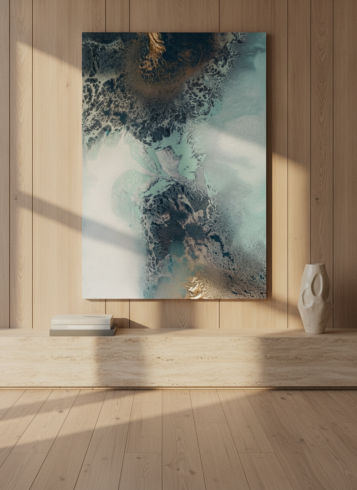 Stretched canvas wall art styled on the wall in a luxe living room