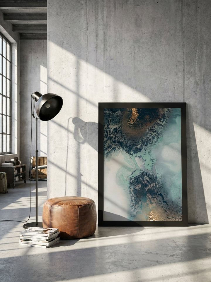 Oversized statement modern wall art print leaning against the wall in an industrial loft living room