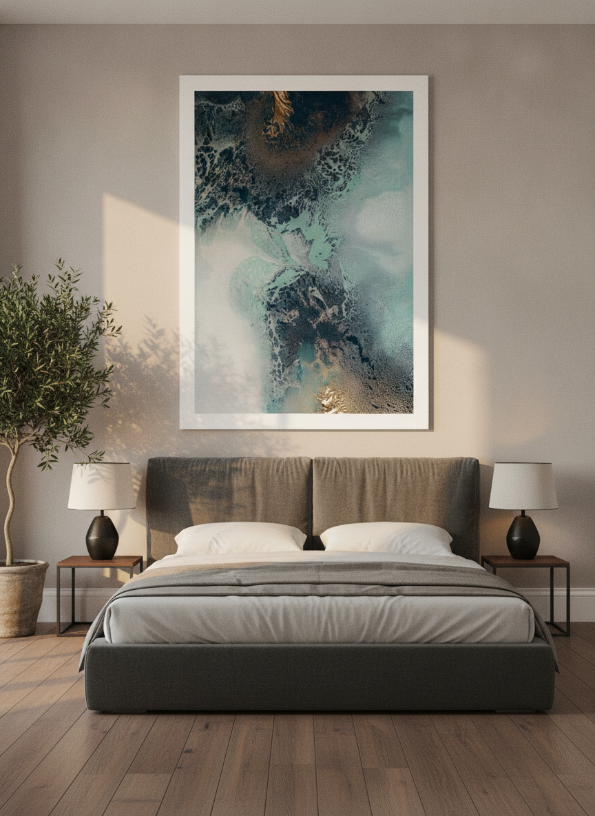 Oversized statement modern wall art print styled on the wall in a luxe bedroom
