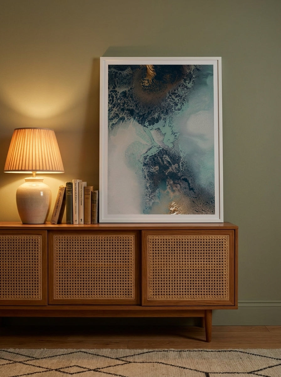 Modern wall art print standing on a sideboard in a mid-century bedroom